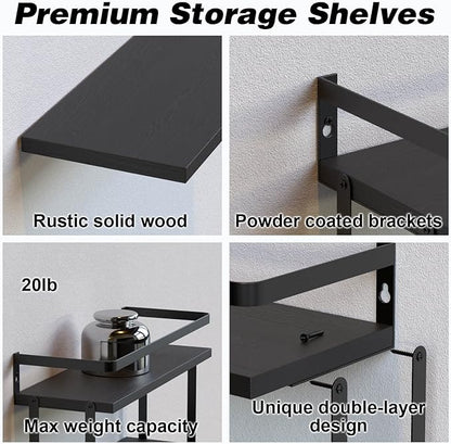 RICHER HOUSE 2+1 Tier Wall Mounted Floating Shelves Set of 2, Rustic Wood Wall Shelf with Metal Frame, Extra Storage Rack for Bathroom, Kitchen, Bedroom with Tissue Rack & Towel Bar - Black