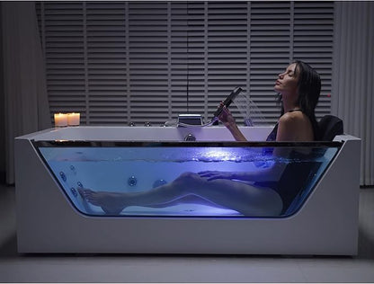 Empava 59 in. Acrylic Alcove Whirlpool Bathtub - Hydromassage Rectangular Jetted Soaking Tub with Center Drain - Waterfall Faucet