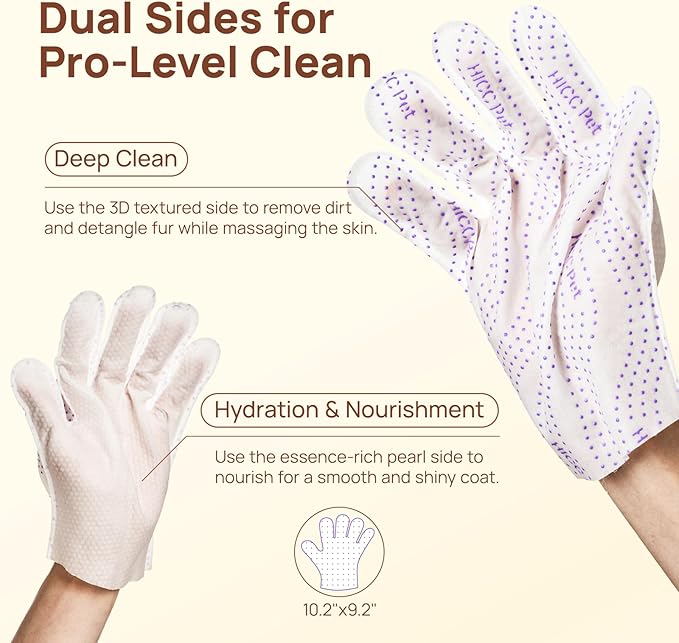 HICC PET Glove Wipes Pro | Pet Grooming Wipes for Dogs & Cats | Dual-Textured, Extra Thick, Rinse-Free Mittens | 4-in-1 Cleaning Combing Massage Conditioning, Portable Pack - Unscented