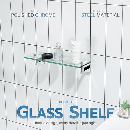 KOKOSIRI Bathroom Shelves Wall Mounted Floating Glass Shelf Polished Stainless Steel 16-Inch Small Hanging Rack for Storage/Room Decor B1105CH-L16