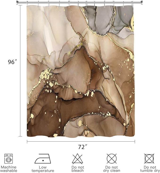 Extra Long Shower Curtain 72 x 96 Inch, Brown Floor to Ceiling X-Long Abstract Marble Shower Curtains for Bathroom, Modern Luxury Art Ink Fabric Shower Curtain Set with Hooks