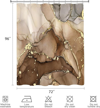 Extra Long Shower Curtain 72 x 96 Inch, Brown Floor to Ceiling X-Long Abstract Marble Shower Curtains for Bathroom, Modern Luxury Art Ink Fabric Shower Curtain Set with Hooks