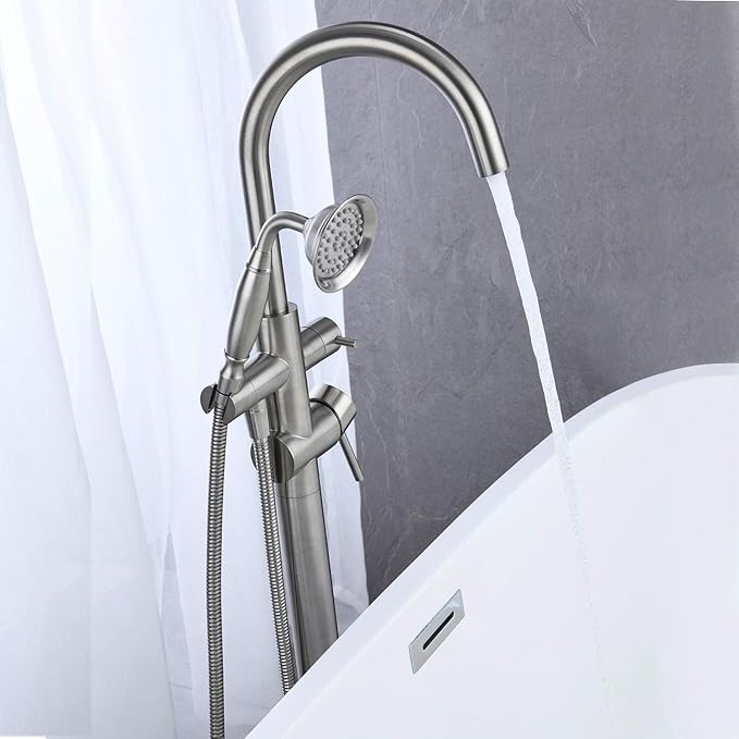 Tub Filler Freestanding Bathtub Faucet Brushed Nickel Floor Mounted Brass Bathroom Tub Faucets with Hand Shower