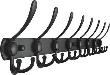 Dseap Coat Rack Wall Mount - 29.5” Long 8-Tri-Hooks Heavy Duty Coat Hanger Rail Wall Hooks for Hanging Coats Hats Clothing Clothes Purse Mudroom Entryway, Black