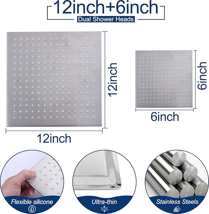 Shower System Dual Shower Heads with 12" Ceiling Mounted Rain Shower Head & 6" Wall Mounted Head Full Body Luxury Rain Shower System 3 Way Pressure Balance Valve Kit, Brushed Nickel