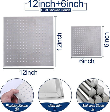 Shower System Dual Shower Heads with 12" Ceiling Mounted Rain Shower Head & 6" Wall Mounted Head Full Body Luxury Rain Shower System 3 Way Pressure Balance Valve Kit, Brushed Nickel