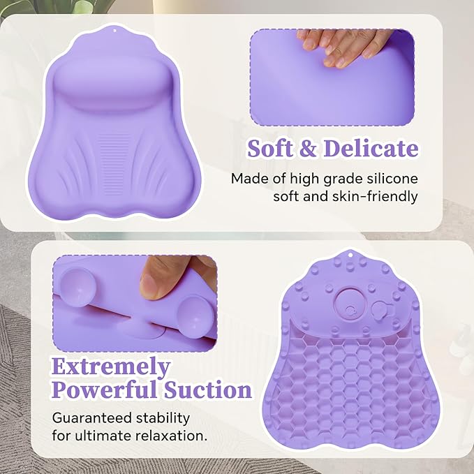 Silicone Bath Pillow for Tub Adults, 4D Air-Cushion Bathtub Pillow for Head Neck and Back Support, Non-Slip Suction Cups, Quick-Drying Waterproof Spa Pillow, Easy to Clean & Store，Purple