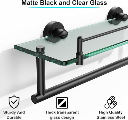 Bathroom Towel Rack with Tempered Glass Shelf 16 Inch, Matte Black Floating Wall Mount Storage