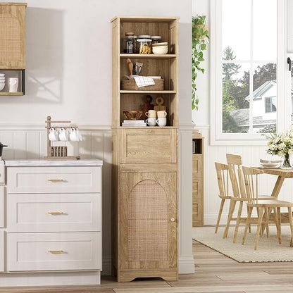 67" H Natural Bathroom Storage Cabinet with Rattan Doors and Slide Storage, Tall Narrow Freestanding Tower Cabinets with Adjustable Shelves for Kitchen, Living Room, Dining Room
