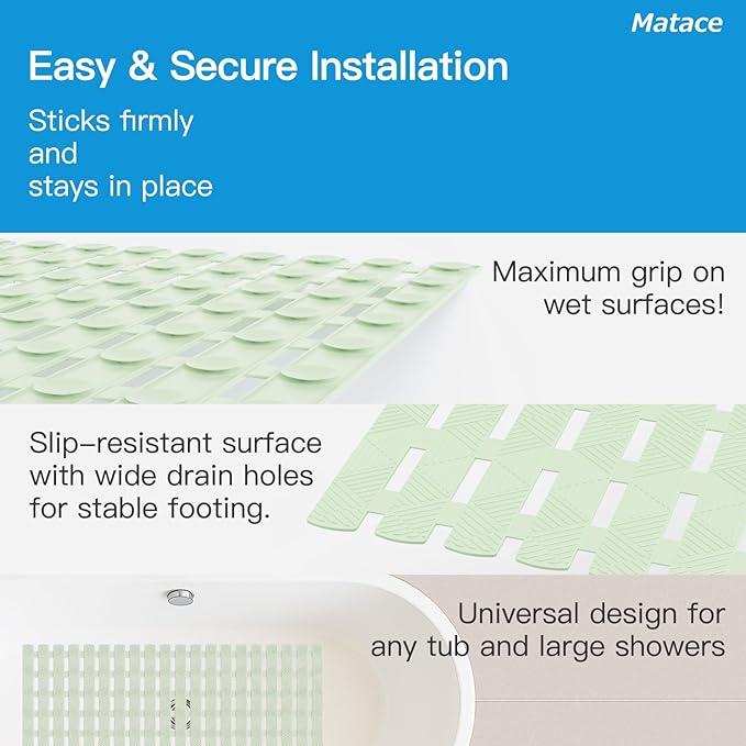 Bathtub Mat Non Slip - for Inside Bath Tub & Shower, Thick & Soft Textured Surface, Fast Drain, No Pooling Water for Better Hygiene, Bathroom Accessories, 27x16 Inch, Sage Green, Matace