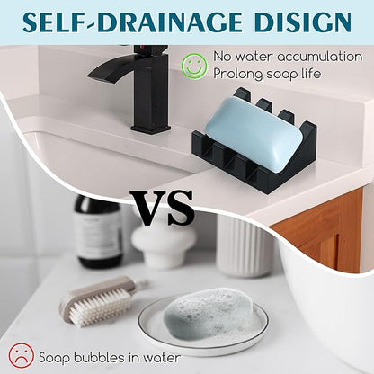 Silicone Soap Dish with Drain, Upgrade Double Suction Cups at The Bottom for Anti-Slip and Stability, Soap Dish Shower Waterfall Bar Soap Holder Tray with Drain Soap Holder (3, Black)