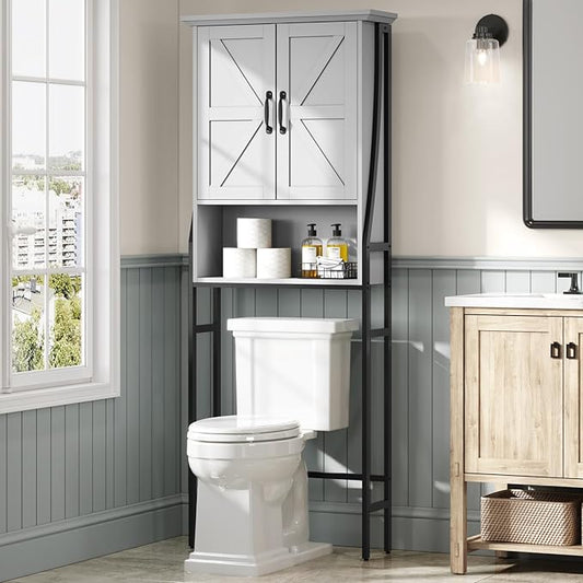 Over The Toilet Storage Cabinet, Over Toilet Bathroom Organizer with Barn Doors Above Toilet Storage Cabinet Spacesaver Rack Behind Toilet Bathroom Organizer (Gray)