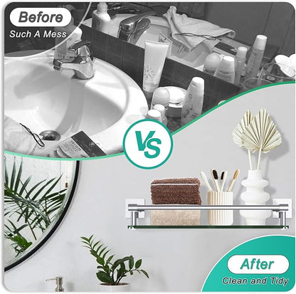 Glass Shelves for Wall, Chrome Stainless Steel & Tempered Glass Glass Shelf for Bathroom, Shelf Sink Over Toilet Bathroom Organizer (16-inch, Polished)