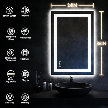 ISKM 36'' x 24'' LED Mirror for Bathroom Lighted Vanity Mirror for Wall Front Lights + Backlit LED Bathroom Mirror Anti-Fog Tempered Glass ETL Listed