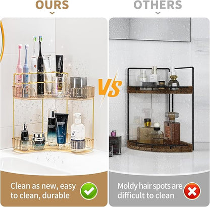 Upgraded 2-Tier Corner Bathroom Countertop Organizer – Spacious Storage for Makeup, Skincare & Perfumes, Built-in Brush Holder Fits Vanity/Dresser/Bsthtub (Vintage Gold)