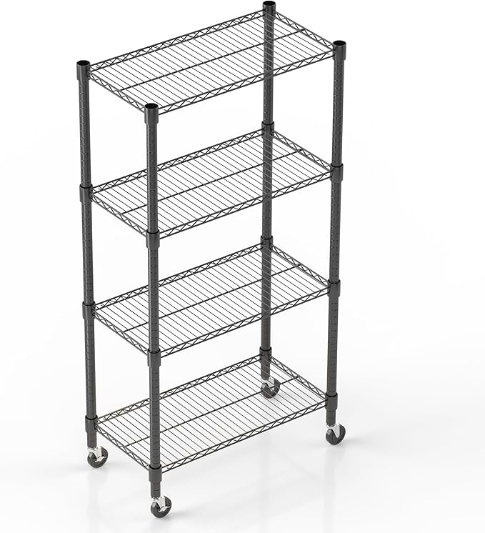 Homdox Heavy Duty Storage Shelves, 4 Tier Wire Shelving Unit with Wheels, Commercial Adjustable Metal Shelves for Storage, Garage Rack Pantry Shelves Kitchen Shelving, 14"x30"x72", Black