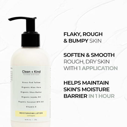 Daily Moisturizing Lotion – Tallow Body Lotion with Aloe Vera, Shea Butter, Jojoba Oil, MCT Oil & Vitamin E – Deep Hydration for Dry, Rough, Sensitive Skin (8 oz, Lemongrass)
