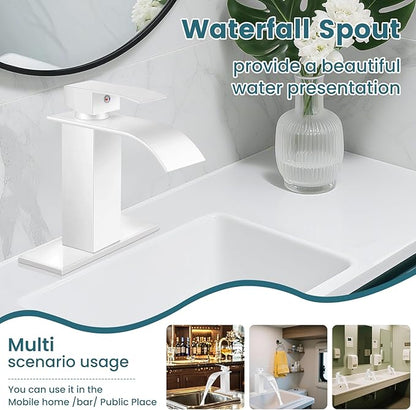 Bathroom Faucets White Waterfall Bathroom Sink Faucet Modern Single Handle Bathroom Faucet for 1 or 3 Hole Mxier Tap Washbasin Faucet with Deck, Pop-up Drain and Supply Hoses