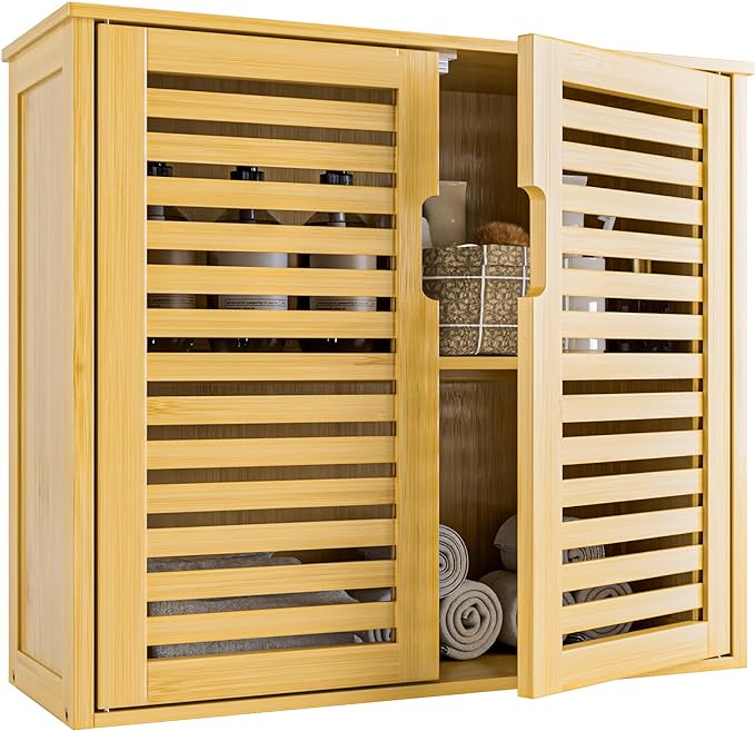 HITNET Bathroom Wall Cabinet, Medicine Cabinet Over The Toilet, Bamboo Hanging Storage Organizer with 2 Doors and Adjustable Shelf for Kitchen, Living Room, Natural