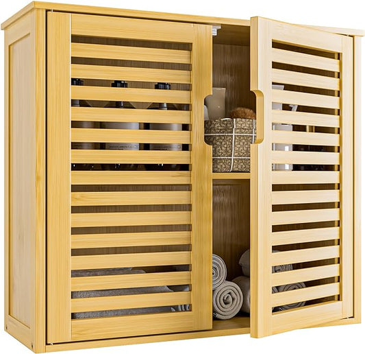 HITNET Bathroom Wall Cabinet, Medicine Cabinet Over The Toilet, Bamboo Hanging Storage Organizer with 2 Doors and Adjustable Shelf for Kitchen, Living Room, Natural