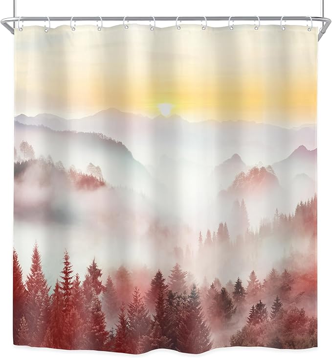Riyidecor Misty Mountain Shower Curtain 72Wx72H Inch Red Sunrise Nature Scenery Foggy Pine Tree Scenic Forest Woodland Modern Natural Landscape Bathroom Decor Fabric Polyester Waterproof 12 Pack Hooks