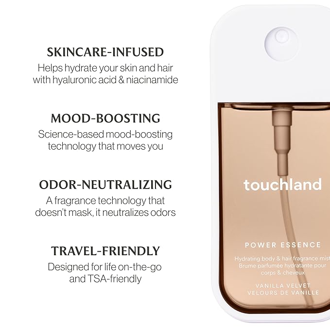 Touchland SWEET RUSH Body and Hand Mist Essentials (Vanilla Velvet Body & Hair Fragrance Mist, 2 FL. OZ. + Wild Watermelon Power Mist Hydrating Hand Sanitizer Spray 1 FL. OZ.), Travel Size Set