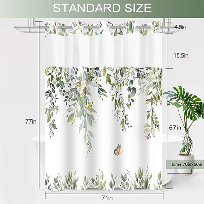 No Hook Shower Curtain and Liner Set, Sage Green Eucalyptus Floral Shower Curtains for Bathroom, Bath Curtain Sets with Snap in Liner, Waterproof with See Through Top Window, 71x77 Inches