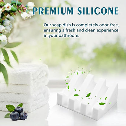 Silicone Soap Dish with Drain, Upgrade Double Suction Cups at The Bottom for Anti-Slip and Stability, Soap Dish Shower Waterfall Bar Soap Holder Tray with Drain Soap Holder (3, White)
