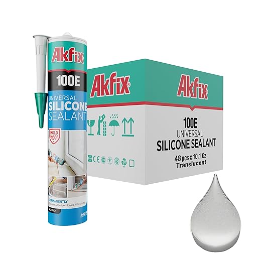 Akfix 100E RTV Translucent Silicone Caulk (48x10.1 fl.oz.) - 100% Waterproof Silicone Sealant for Kitchen and Bathroom, Shower, Toilet, Sink, Window and Door, No Yellowing | Translucent, 48 Pack