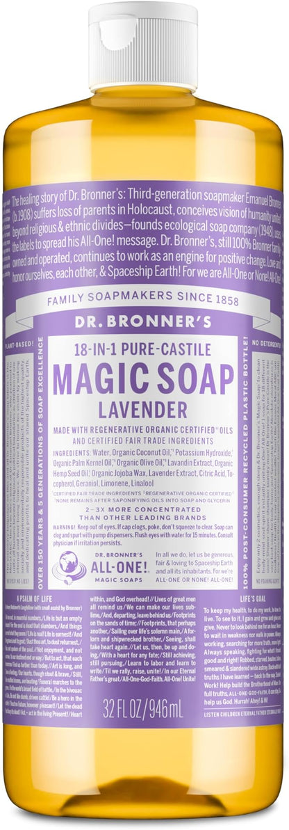 Dr. Bronner's - Pure-Castile Liquid Soap (Lavender, 32 ounce) - Made with Organic Oils, 18-in-1 Uses: Face, Body, Hair, Laundry, Pets and Dishes, Concentrated, Vegan, Non-GMO