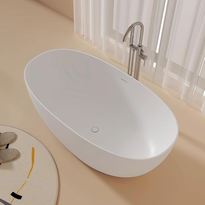 59'' Stone Resin Freestanding Bathtub, Bathroom Solid Surface Tub Bathtubs soaker Tubs Oval Shaped Matte Luxury Modern Soaking Tub with Overflow and Pop-up Drain - White