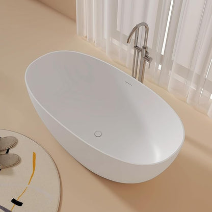 59'' Stone Resin Freestanding Bathtub, Bathroom Solid Surface Tub Bathtubs soaker Tubs Oval Shaped Matte Luxury Modern Soaking Tub with Overflow and Pop-up Drain - White