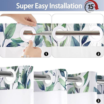 No Hook Shower Curtain and Liner Set, Green Eucalyptus Floral Shower Curtains for Bathroom, Bath Curtain Sets with Snap in Liner, Waterproof with See Through Top Window, 71x77 Inches