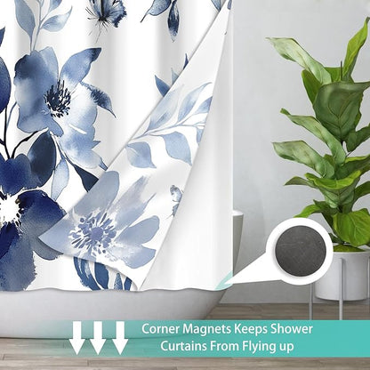 No Hook Shower Curtain with Snap in Liner for Bathroom,with See Through Top Window,Double Shower Curtain Set with Detachable Fabric Liner Replacement, Machine Washable, Blue Flower, 71"x 74"