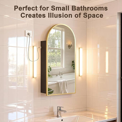 FKWin Arched Bathroom Medicine Cabinet with Mirror and Power Outlet, Gold Wall Mounted Mirror Medicine Cabinet for Left or Right Opening, not Recessed, Vanity Bathroom Mirrors, Gold, 16x32 inch