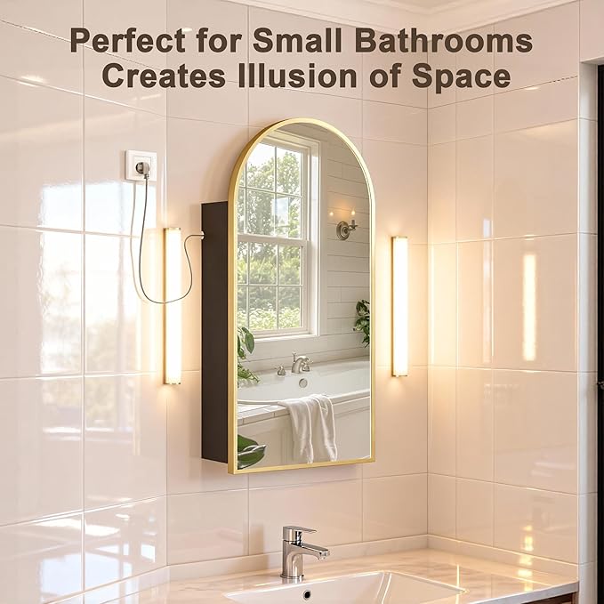 FKWin Bathroom Mirror with Storage and Power Outlet, Easy to Install Medicine Cabinet for Left or Right Opening, not Recessed, Ample Vanity Mirror with Storage for Homeowner, Gold, 20x34 inch
