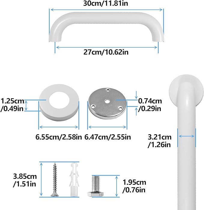 Shower Grab Bar, 2 Pack 12 Inch White Bathroom Safety Bar, 1.25" Diameter 304 Stainless Steel Grab Bars for Bathtubs and Showers, Handicap Shower Grab Bar for Seniors Elderly