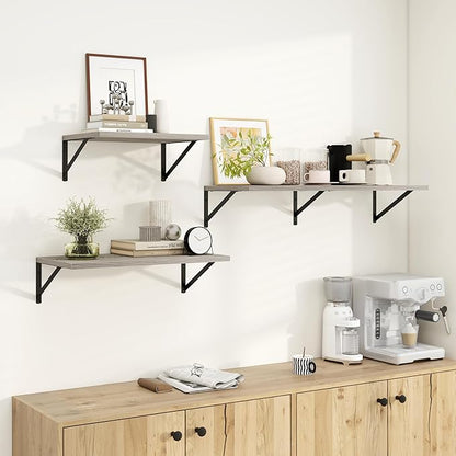 Dreamland Grey Floating Shelves for Wall, Brown Wood Wall Mounted Shelves, Large Floating Shelf 12 * 16 inch Set of 2 for Bookshelf Living Room Bedroom Home Office Bathroom