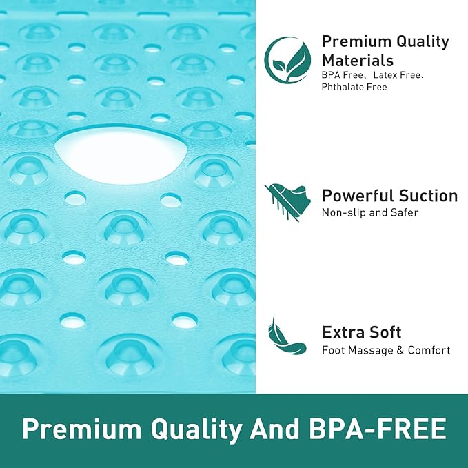 Large Clear Green Square Shower Mat Non Slip 27 x 27 Inches, Square Bath Tub Mat for Inside Shower Bathroom Floor, Shower Stall Mats with Big Suction Cup Drain Hole, Easy Washable, BPA-Free