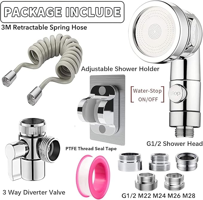 Sink Faucet Sprayer Attachment Set, Kitchen Bathroom Pet Bathing Shower Head with 9.8ft Hose and G1/2 / M22 / M24 / M26 / M28 Faucet Adapters, Hair Washing, Dog Shower