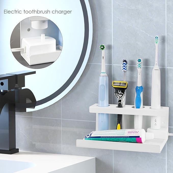 Electric Toothbrush Countertop Holder with Diatomite Stone - Bathroom Sink Organizer or Wall-Mounted Rack, Compatible with Philips Sonicare, Oral-B (White)