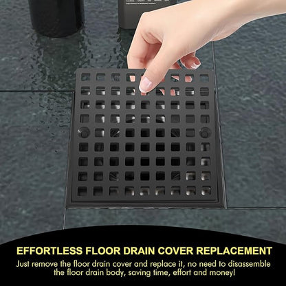 3-7/8" Matte Black Shower Drain Cover - Square Floor Drain Cover Replacement - Hair Catcher/Drain Strainer for Bathrooms, Showers, and Sinks - SUS304 Stainless Steel & CUPC Certified
