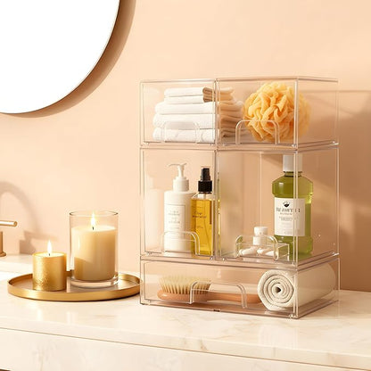 Stackable Storage Drawers Set of 5 Pack, Clear Bottles Organizer for Baby Bottle, Cosmetics, Acrylic Organizers and Storage for Bathroom,Vanity, Pantry, Cabinet, Kichen Countertop