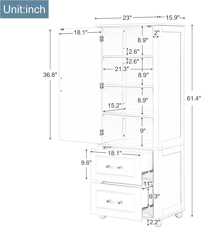 Tall Bathroom Storage Cabinet with Door and Shelves, Kitchen Pantry Linen with 2 Drawers for Home, Living Room, Dining Room, White