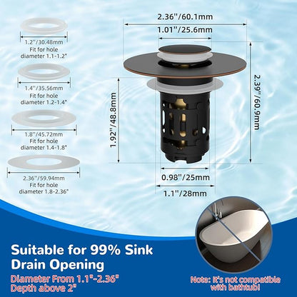 Hibbent 3 Pack Upgraded 3 in 1 Bathroom Sink Drain Strainer, Universal Pop Up Stopper with Removable Stainless Steel Filter Basket Hair Catcher, Sink Plug for 1.1''~2.36'' Basin, Oil-Rubbed Bronze