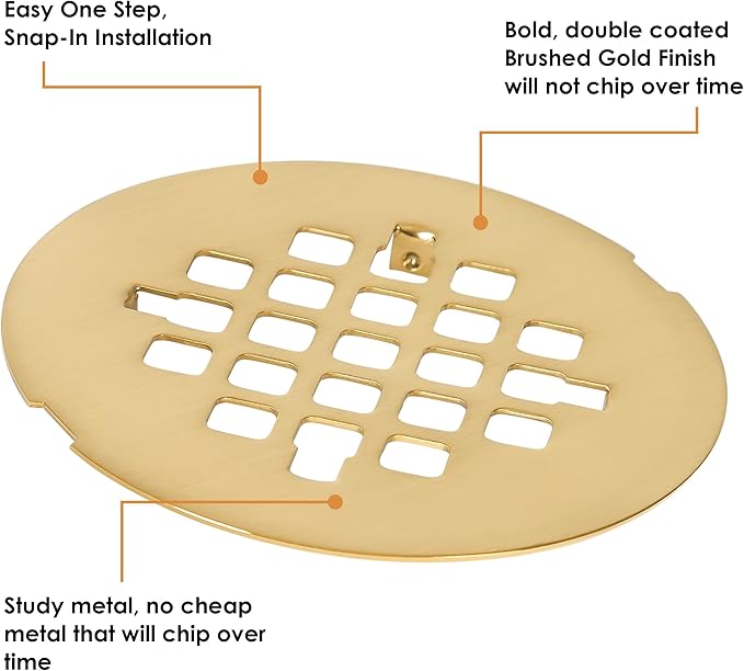 4 ¼” Brushed Gold Snap-in Shower Drain Cover - Gold Replacement - 4.25" OD Shower Drain Strainer - Easy Install - Premium Round Shower Drain Cover - Solid Brass Construction