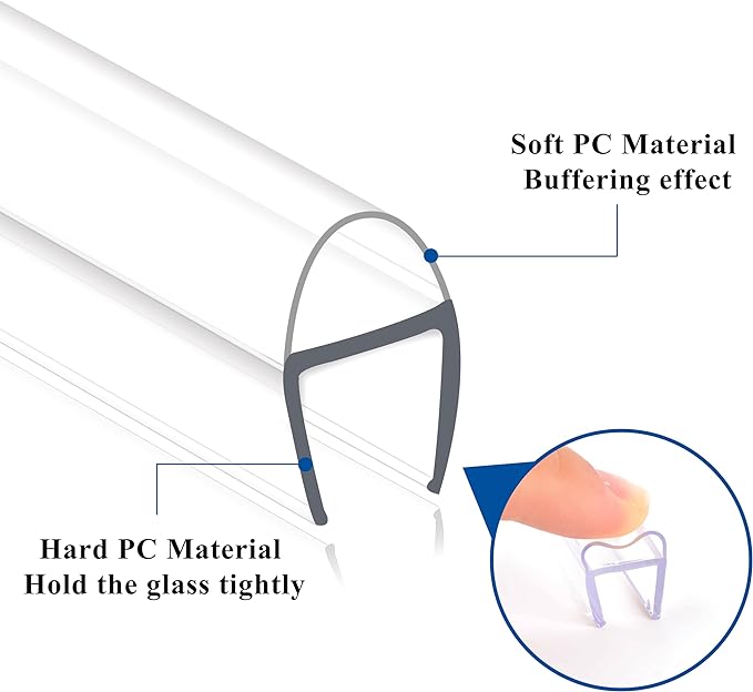Frameless Shower Door Seal Strip 2 Pack x 39 Inch U for 3/8" Thick Glass Shower Door Side Seal Strip Bottom Seal Door Sweep Ultra Clear Polycarbonate, Stop Shower Leaks Create A Water Barrier