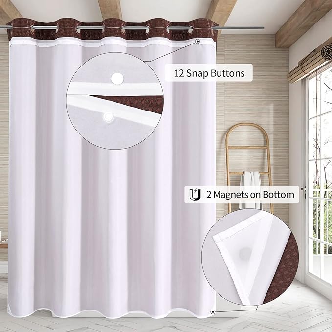 MitoVilla No Hooks Need Brown Waffle Shower Curtain Liner Set, Modern Waffle Weave Fabric Shower Curtains Set with Snap-in Liner for Luxury Hotel Grade Spa-Like Bathroom Decor, Dark Brown, 72 x 74