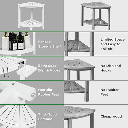 Ollieroo 2-Tier Bamboo Corner Shower Stool for Shaving Legs, Waterproof Bench with Storage Shelf and Soap Dish, Non-Slip Foot Rest (White)