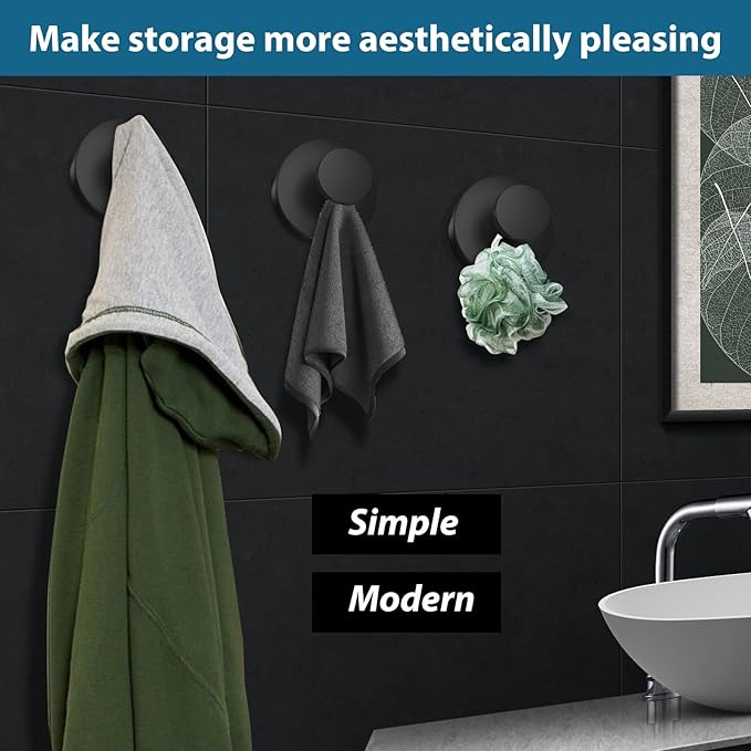 Suction Cup Hooks for Shower, 2 PCS No-Drill Towel Holder for Bathrooms Wall, Glass Door, Mirror, Tiles, Kitchen, Hold Robe & Wreath, Hanging up to 15 lbs – Waterproof & Rustproof, Matte-Black